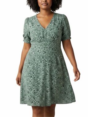 LOFT Women's 10P Green Paisley Floral V Neck 3/4 Sleeve Short Dress Petite